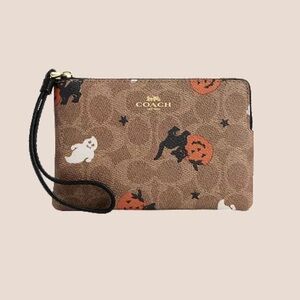 Coach Corner Zip Wristlet In Signature Canvas With Halloween Print NWT